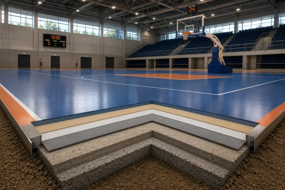 Cancha de baloncesto, vista de sección transversal. Cesped Group