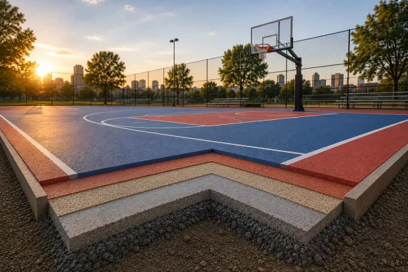 Cancha de baloncesto, vista de sección transversal. Cesped Group