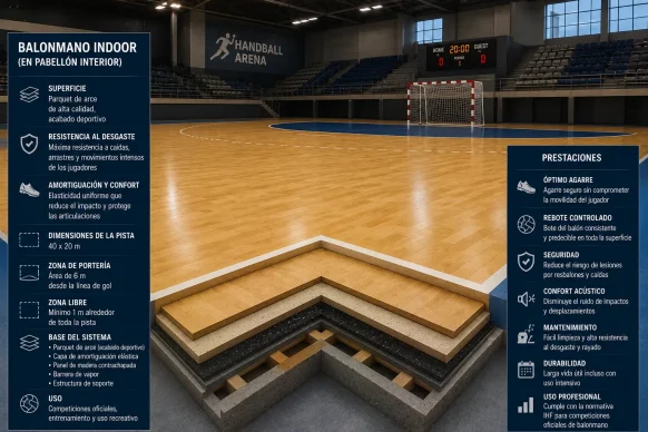 Pista de balonmano, vista de sección transversal. Cesped Group