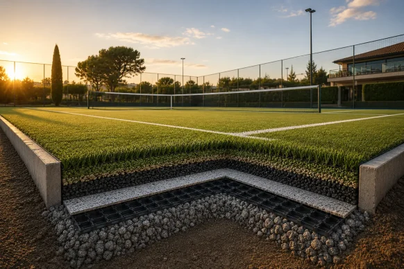 Pista de tenis, vista de sección transversal. Cesped Group