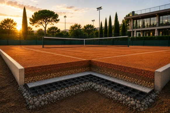 Pista de tenis, vista de sección transversal. Cesped Group